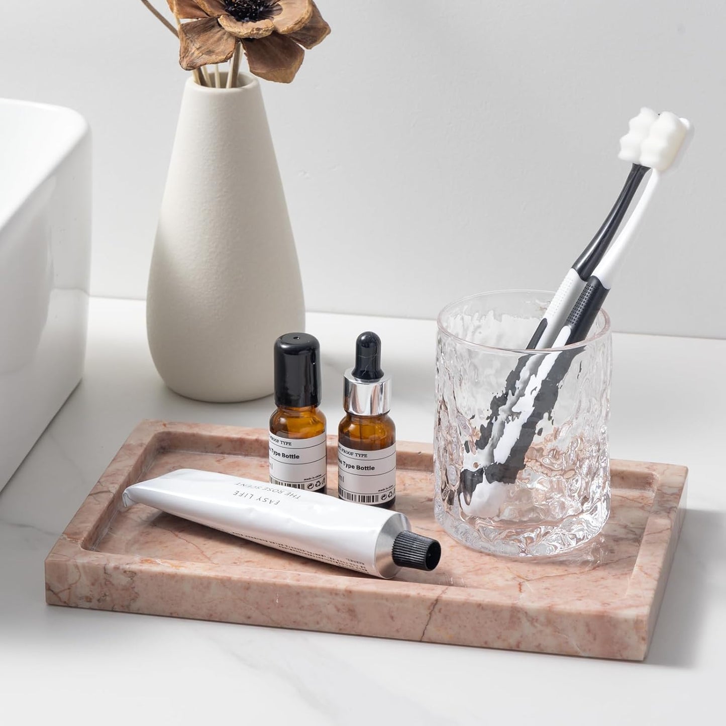 Natural Marble Rectangular Tray 10x6 Inch - Cream Rose Vanity Organizer for Bathroom, Coffee Table & Kitchen - Weighted Base