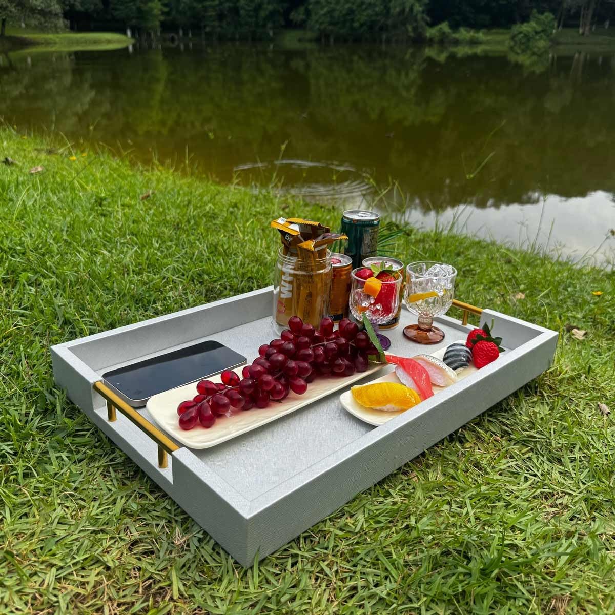 14x20 Inches Silver Faux Leather Wrapped Wood Serving Tray with Metal Handles for Various Occasions, Ottoman, Home Decor Decorative, Living Room, Coffee Table Organizer, Serving Breakfast On Bed