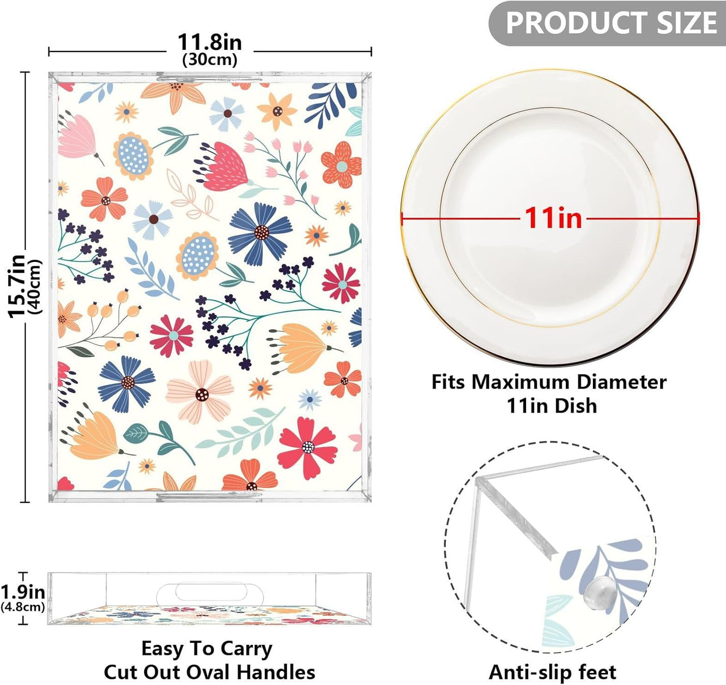 Acrylic Serving Tray with Handles Spill Proof Kitchen Storage Tray Clear Decorative Tray Makeup Drawer Organizer Storage Tray for Bathroom Living Room Ottoman 15.7x11.8Inches