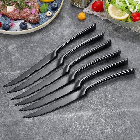 Lemeya Stainless Steel Black Steak Knives Set of 6,Forge Steak Knife,Serrated Steak Knives Set,6 Piece Heavy Steak Knives-10 inch,Mirror Polished,Dishwasher Safe