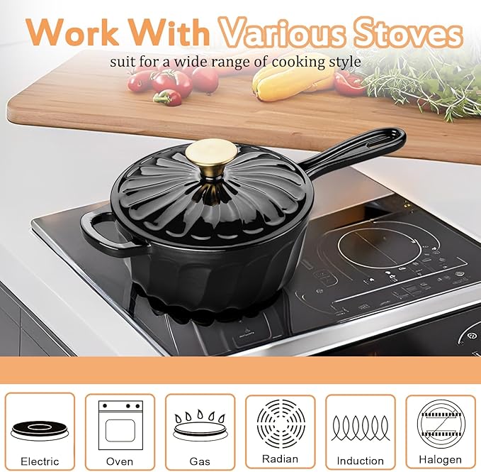 Enameled Cast Iron Sauce Pan, 2 Quart Enameled Saucepan with Lid, Mini Dutch Oven Enamel Saucepan for Cooking Pasta Sauce, Gravy, Puddings, Marinate, Boiling (Black)