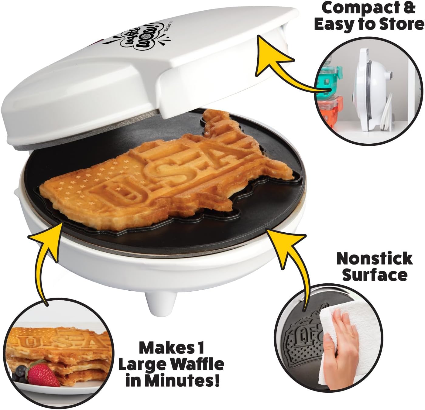 Great American USA Waffle Maker- Giant 7.5" Patriotic Waffles or Pancakes - Electric Nonstick Waffler Iron - America Spirit Party, Breakfast Griddle Baker Supplies with Recipe Guide- Novelty Xmas Gift