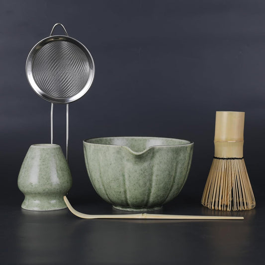 Matcha Whisk Set, 5 Pcs Matcha Set includes Matcha Whisk and Bowl with Spout, Stainless Sifter, Bamboo spoon, Ceramic Holder, 17 oz Mottled Green Glaze Ceramic Matcha Kit for Tea Lovers