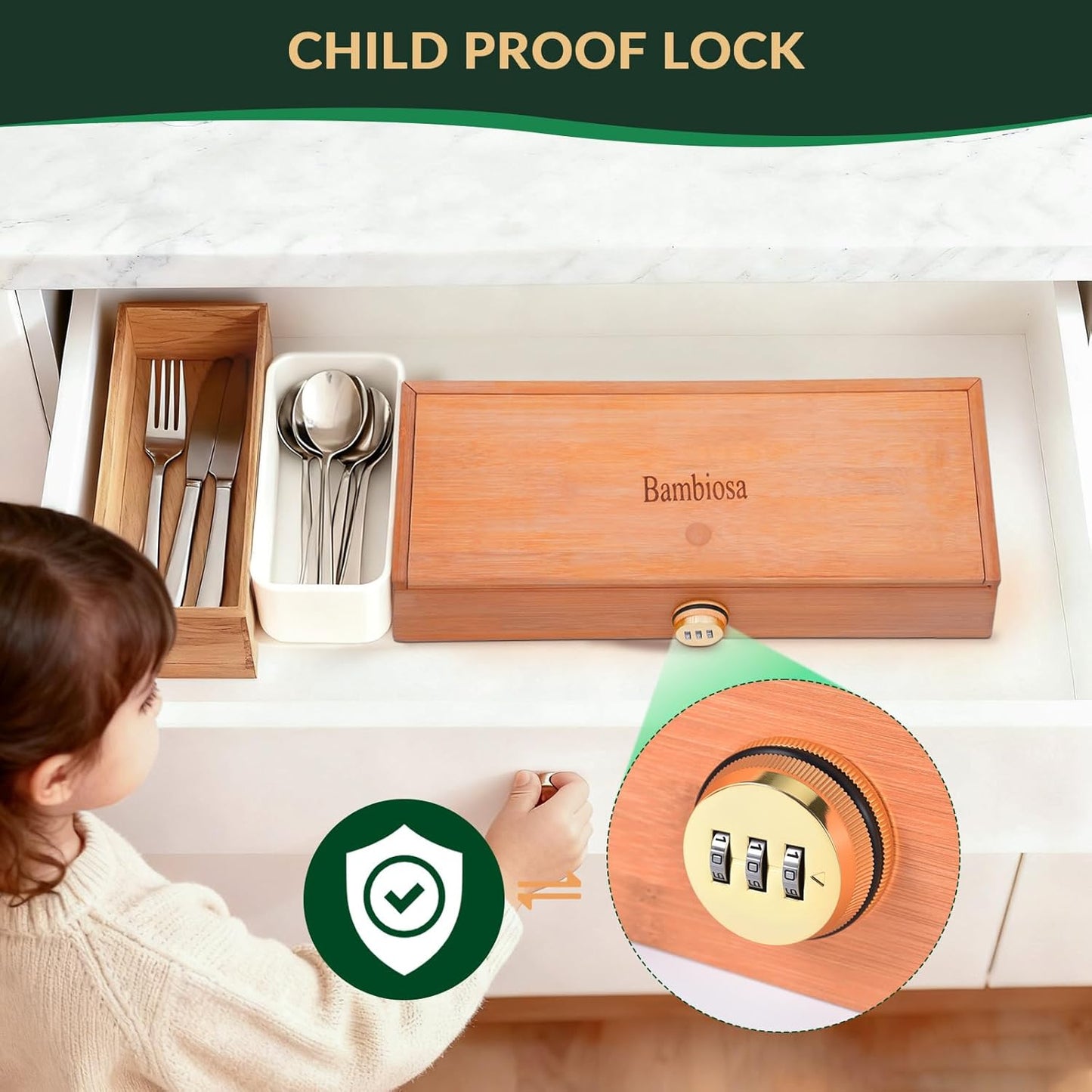 Kitchen Drawer Knife Organizer, Kid Safe Combination Lock Knife Drawer Organizer, Double Layer Bamboo Board, Includes Bamboo Tongs and Cleaning Cloth (Knives Not Included)