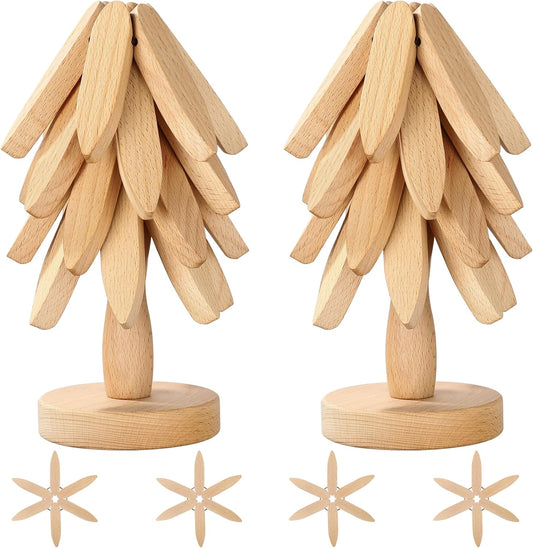 Wooden Trivets for Hot Dishes, Tree Shape Set, 4 Wooden Trivets + 1 Stand Stored Like a Christmas Tree, Beech Wood Trivet for Hot Pots, Pans, Bowl, teapot 2 Pack Christmas Decoration