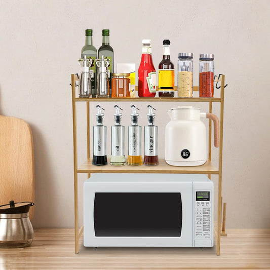 Shelves Organizers for Kitchen,2-Tier Bamboo Kitchen Countertop Organizer Shelves with 4 Hooks,Kitchen Storage Rack Countertop,Spice Rack Organizer,Bathroom Countertop Organizers and Storage, Beige