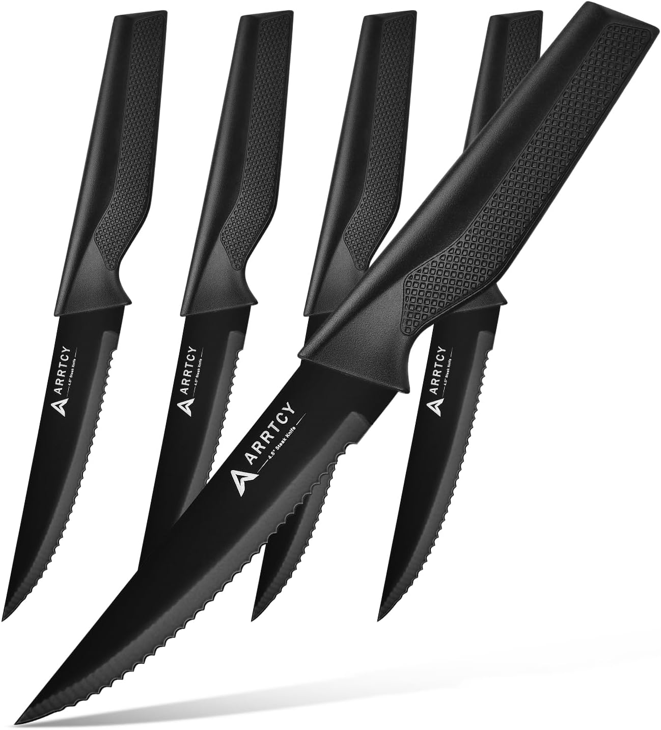 Steak Knives Set of 4 - German Stainless Steel 4.5 Inch Serrated Steak Knives - Ergonomic Anti-Slip Handles - Dishwasher Safe - Elegant Gift for Holidays - Black
