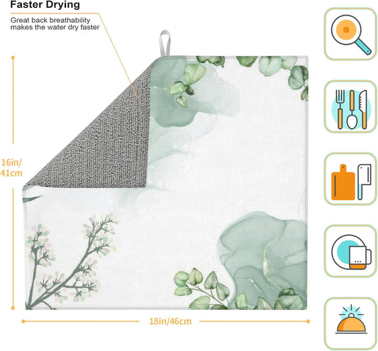 Watercolor Green Leaf Floral Dish Drying Mat for Kitchen Counter, 16"x18" Microfiber Absorbent Fast Dry Mat, 2Pcs Dish Mat Faucet Mats Sets, Large Drying Kitchen Mat Kitchen Drying Pad