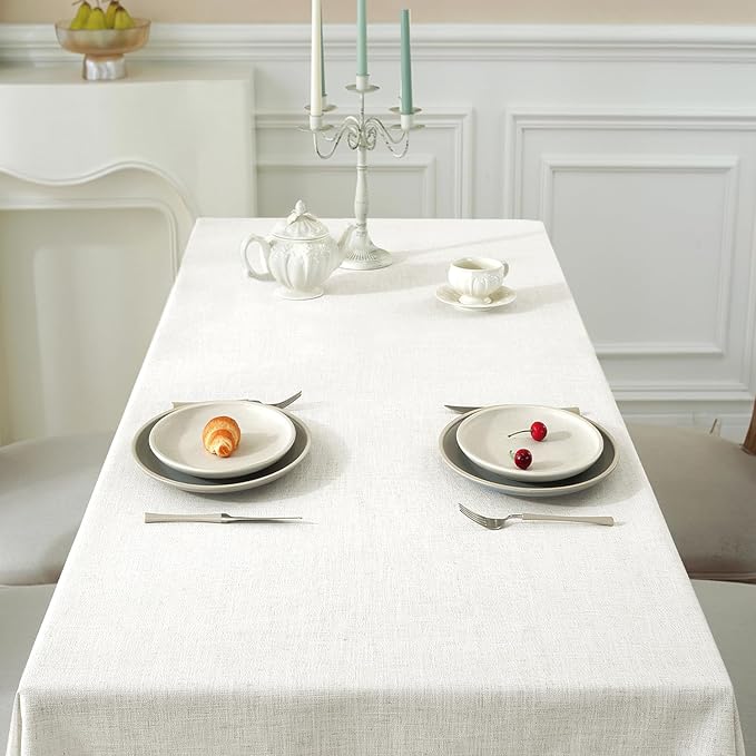 JIALE Textured Tablecloths, Heavy Duty Cotton Linen Farmhouse Table Cloth Rectangle Table, Waterproof Wrinkle-Free Rectangle Tablecloth for Kitchen, Dining, Parties, 55"x120", Ivory