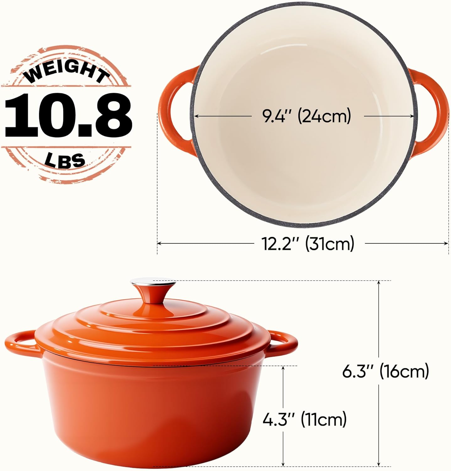 4.5 Quart Dutch Oven Pot with Lid, Non Stick Enameled Cast Iron Dutch Oven for Bread Baking, Heavy-Duty, Oven Safe Ceramic Cookware Up to 500°F for Baking, Braising, Stews, Roasting, Orange