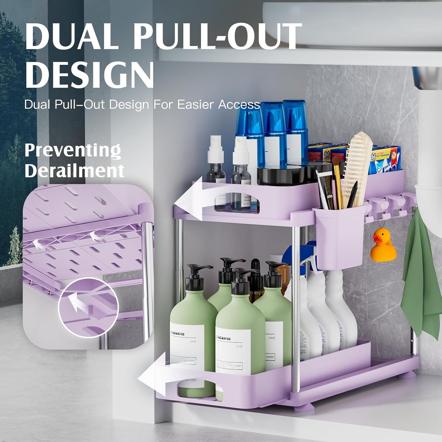 Under Sink Organizer - 2 Pack Adjustable Height, 2 Tier Organizers for Bathroom & Kitchen Sink, Purple