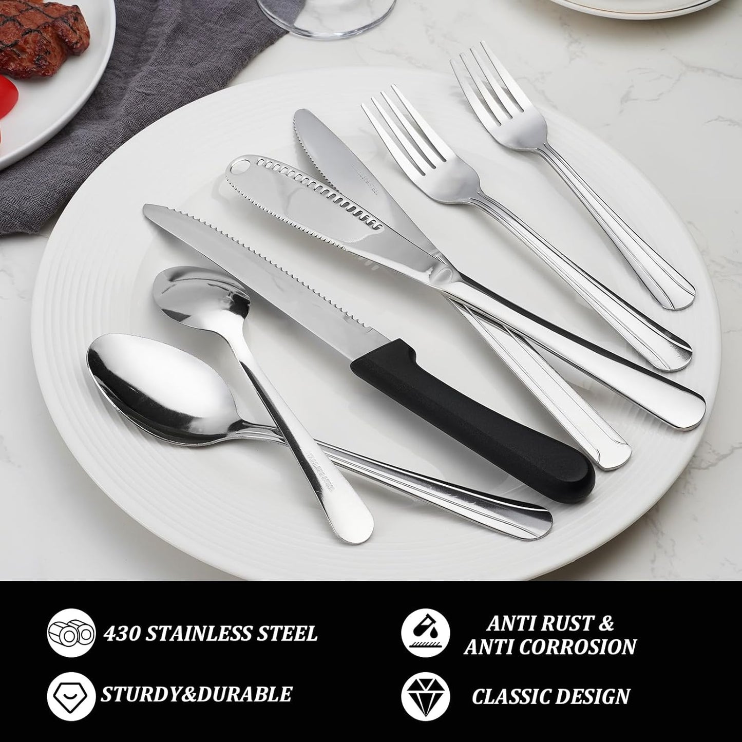 Silverware Set with Butter Knife - Dominion 50 PCS 18/0 Stainless Steel Flatware Utensils Cutlery Set Including Steak Knife Fork and Spoon for Home, Restaurant, Party, Dishwasher Safe