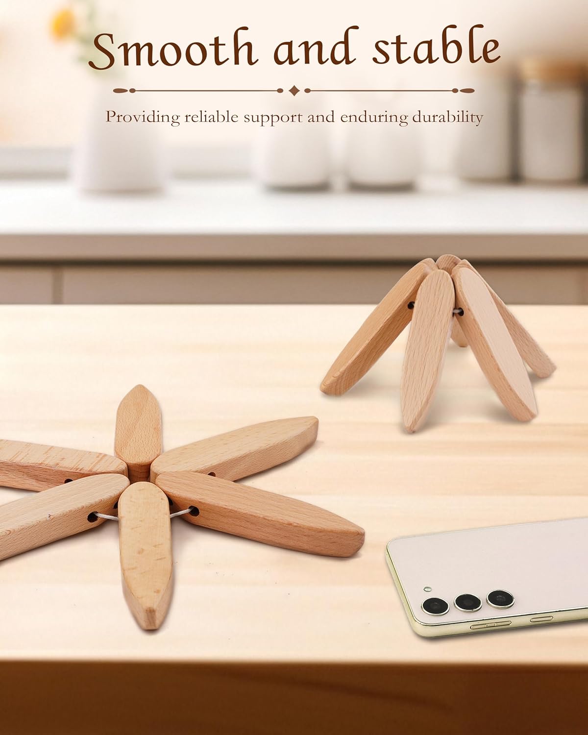 Tree-Shaped Placemats, Foldable Heat Resistant Anti-Stain Wood Trivet for Hot Dishes Pans, All-in-1 Set, 3PCS Easy-Cleaning Walnut Wood + Stand Coasters