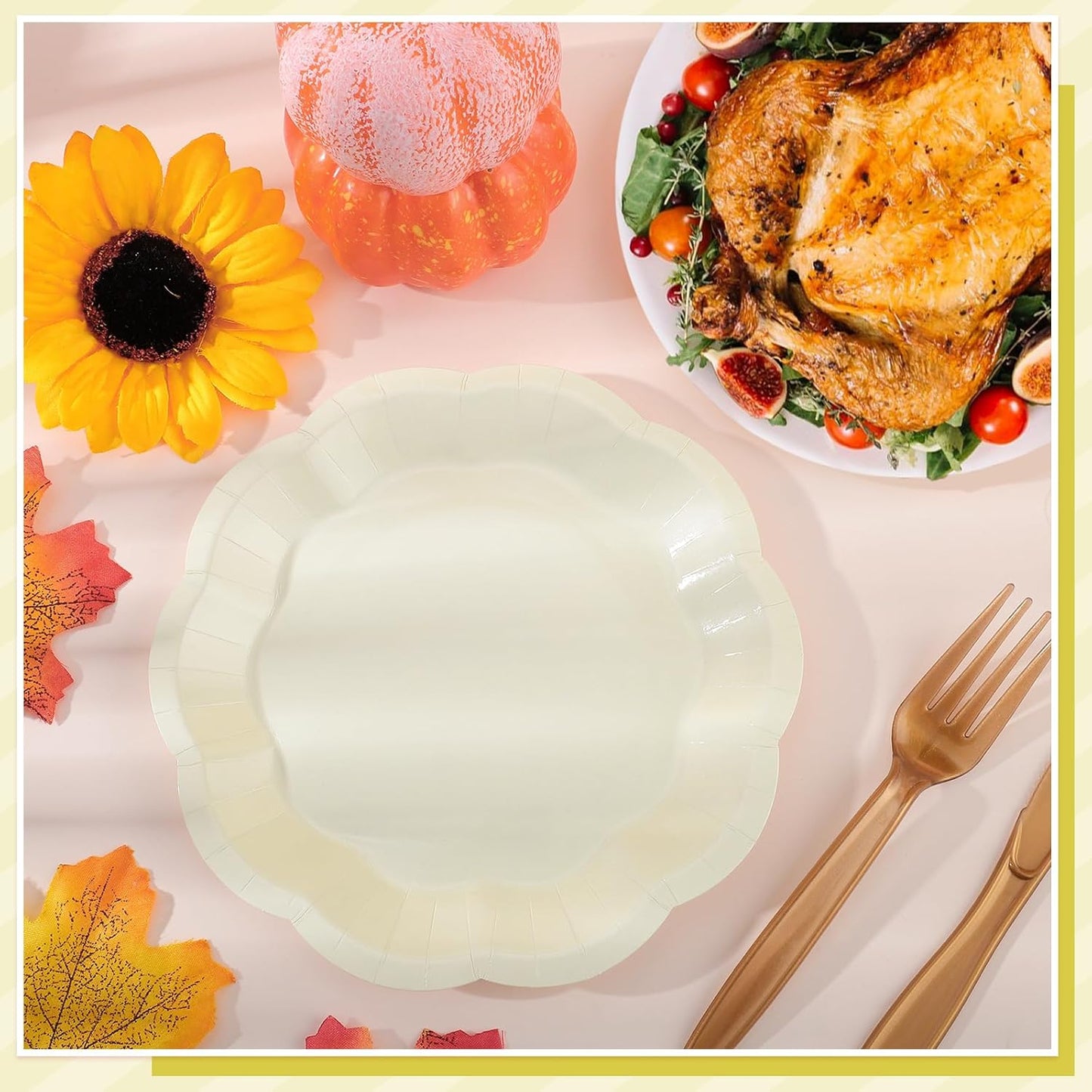 30pcs Thanksgiving Paper Plates 7 Inch Ivory Scalloped Paper Plates Disposable Cream Dessert Cake Plate for Thanksgiving, Friendsgiving, Weeding, Birthday, Baby Shower