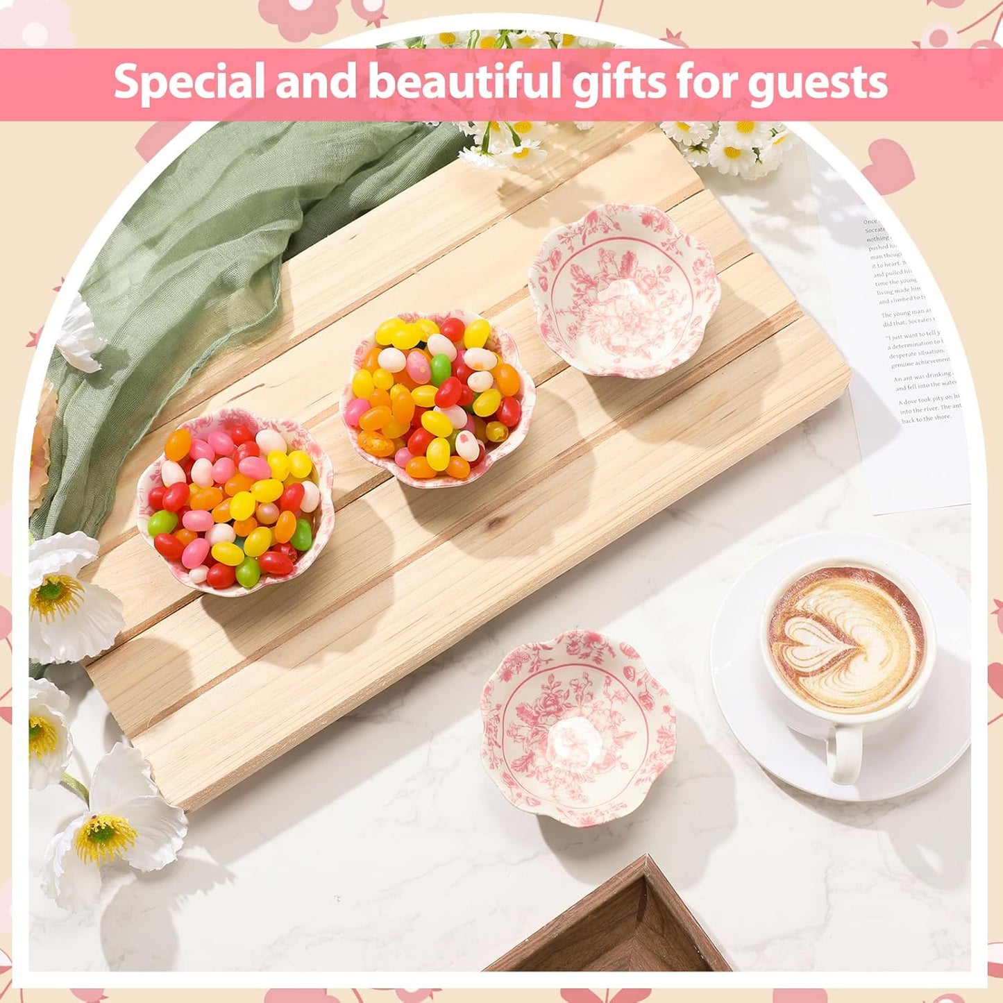 24 Pcs Wedding Favors for Guests Small Ceramic Bowl Bulk Gifts Set 3.3 Inch Floral Design Mini Dipping Bowl Sauce Dish with Cards Box for Bridal Baby Shower Birthday Guest Gift (Pink)