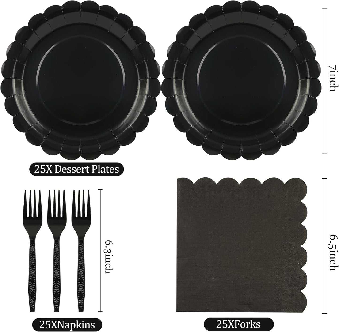 75Pcs Black Paper Plates Set-7 Inch Disposable Halloween Plates Scalloped Black Cute Dessert Dinner Plate Nakpins Forks Birthday Dinnerware Set Party Supplies for Halloween Wedding Table Decor
