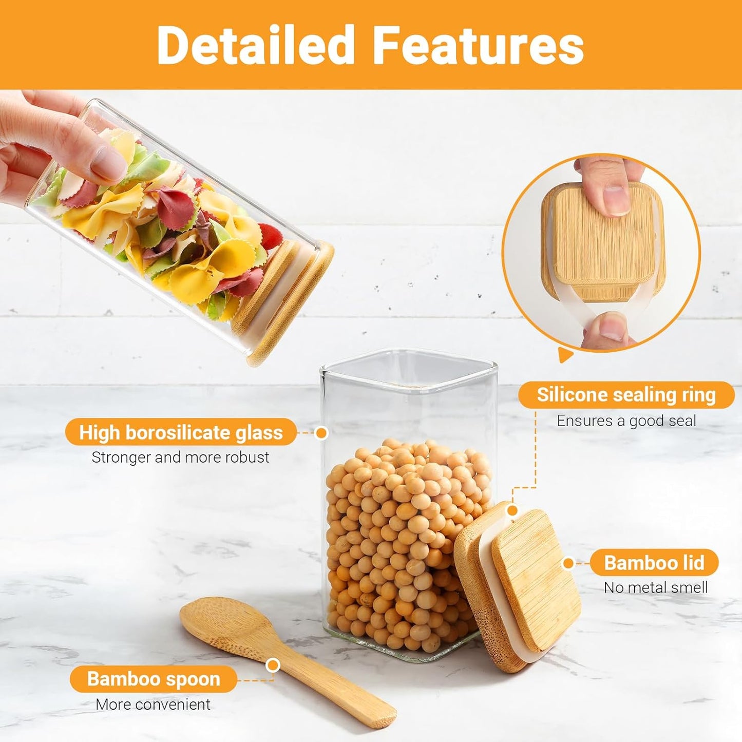 Square Glass Storage Jars, 2 Pack 10 Fl.oz Glass Containers with Bamboo Lids, Wide Mouth Spice Canister with Airtight Lids for Sugar Coffee Tea Candy Cookies - Included Labels, Spoon and Marker