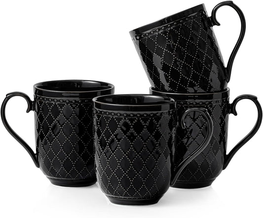 Kanwone Coffee Mugs 16oz, Ceramic Mugs Set, Porcelain Cups with Handle for Latte, Hot Tea, Cappuccino, Mocha, Cocoa, Housewarming Wedding Gift, Microwave and Dishwasher Safe, Set of 4, Black