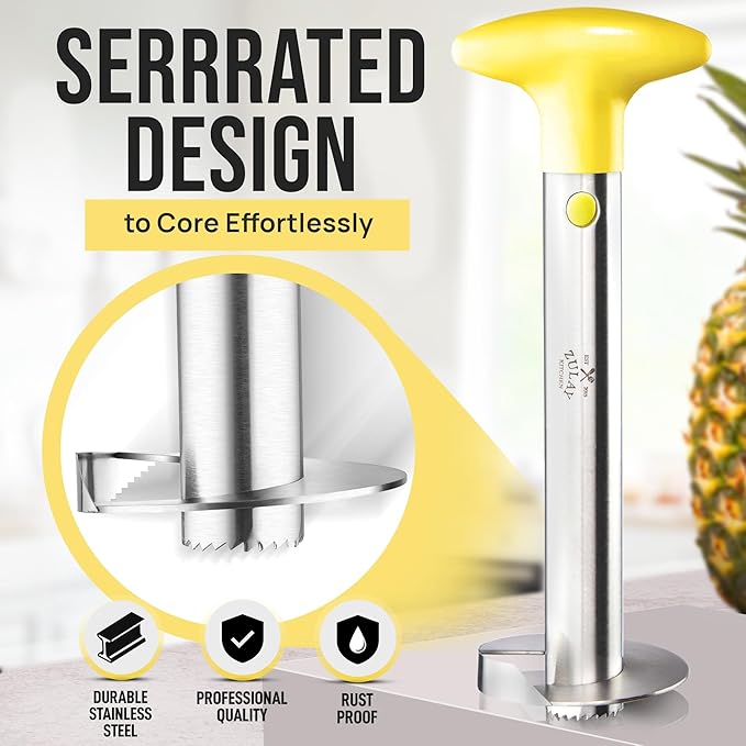 Zulay Kitchen Stainless Steel Pineapple Corer & Slicer + Eye Removal Tool – Heavy Duty Pineapple Cutter with Reinforced Blade – Effortless Pineapple Core Remover & Slicer - Yellow