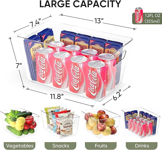 BALEINE Clear Plastic Storage Bins, Pantry Organization, BPA Free Stackable Refrigerator Organizers and Storage with Handles for Kitchen Fridge Cabinet Bathroom (4PK, 13x7.4x6.2)