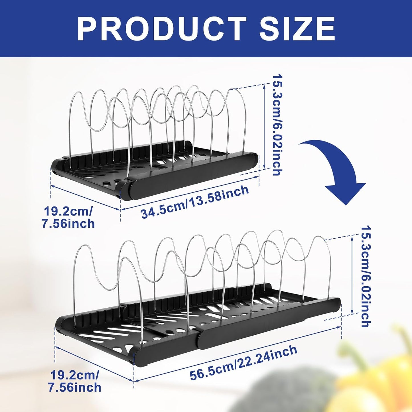 Pot and Pan Organizers Rack Multipurpose Anti Slip Pot Lid Holder Space Saving Cookware Baking Frying Rack Adjustable Cookware Baking Storage Holder for Kitchens (Black-1Pcs)