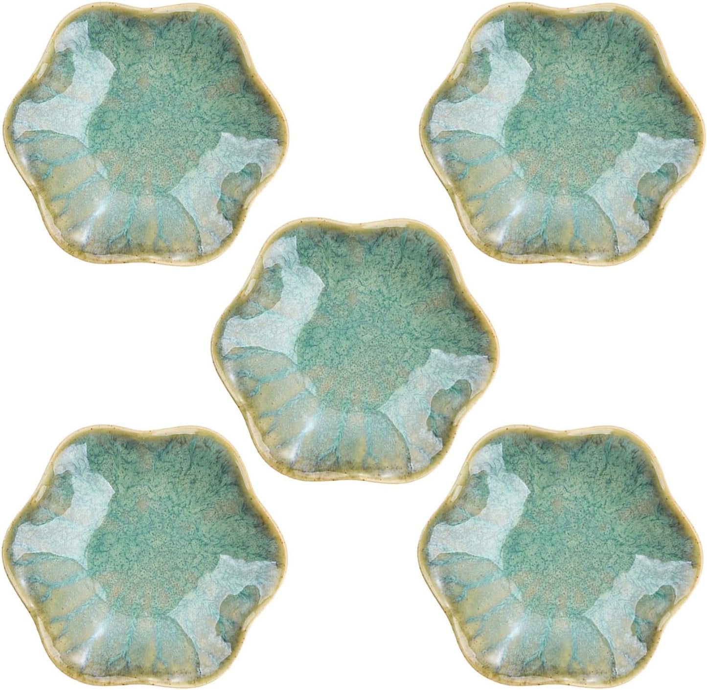 VanEnjoy Green Flower Plates Ceramic Floral Dishes Small Dipping Sauce Cups Soy Sauce Dish Prep Bowls - Set of 5