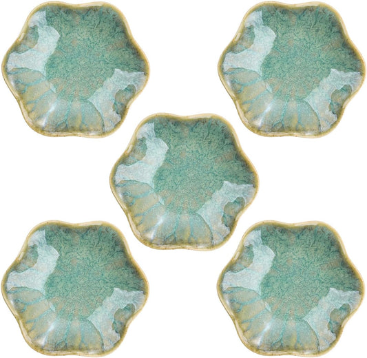 VanEnjoy Green Flower Plates Ceramic Floral Dishes Small Dipping Sauce Cups Soy Sauce Dish Prep Bowls - Set of 5