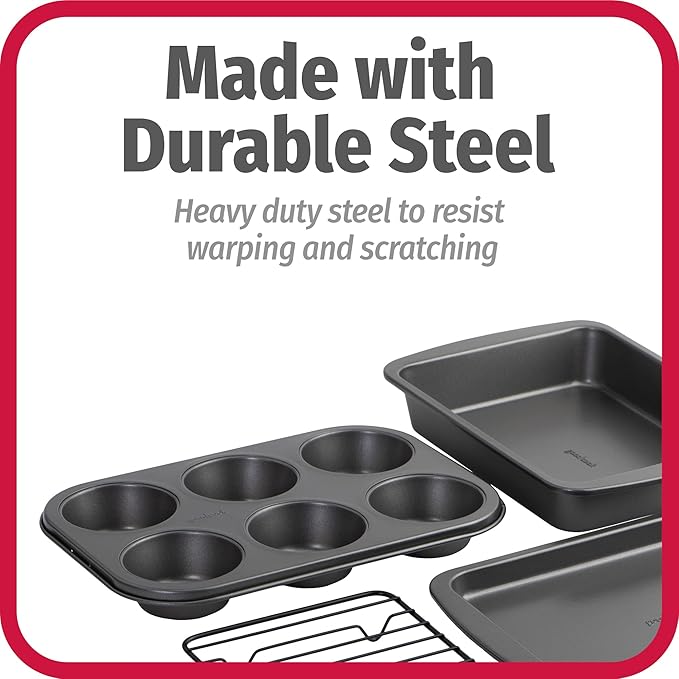 GoodCook 4-Piece Nonstick Steel Toaster Oven Set with Sheet Pan, Rack, Cake Pan, and Muffin Pan, Gray, 4-Piece Set Distributes Heat Evenly, Nonstick Coating, Dishwasher-Safe