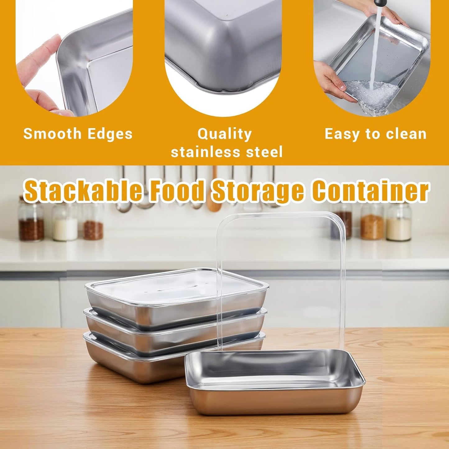 4 Pcs Stainless Steel Food Storage Containers with Lids, Stackable Meal Prep Food Containers Reusable Hotel Pans for Restaurant Kitchen Freezer Buffet