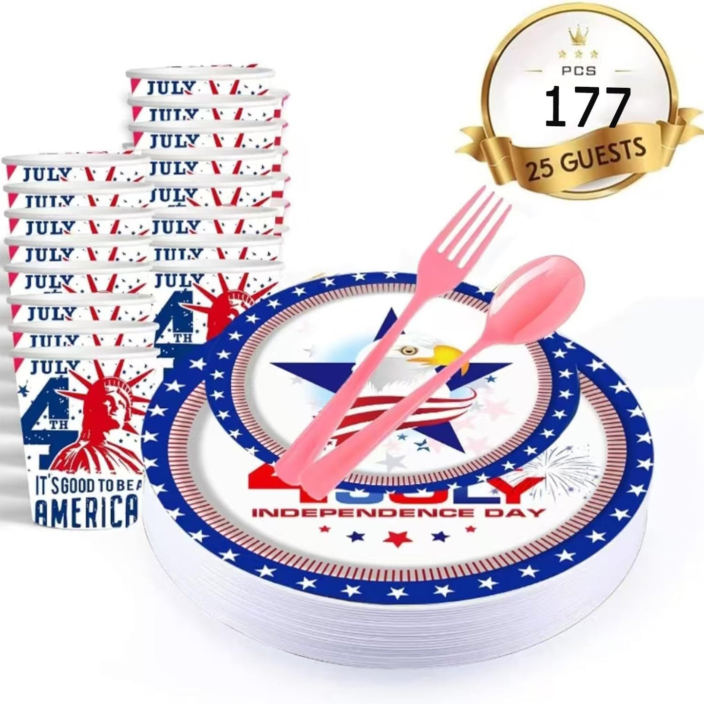 4th of July Party favor Tableware Set, 25 Set American Flag Disposable Dinnerware Set - Patriotic Party Supply - Red Blue White Plates Napkins Cups, Forks Spoons for Independence Memorial Day