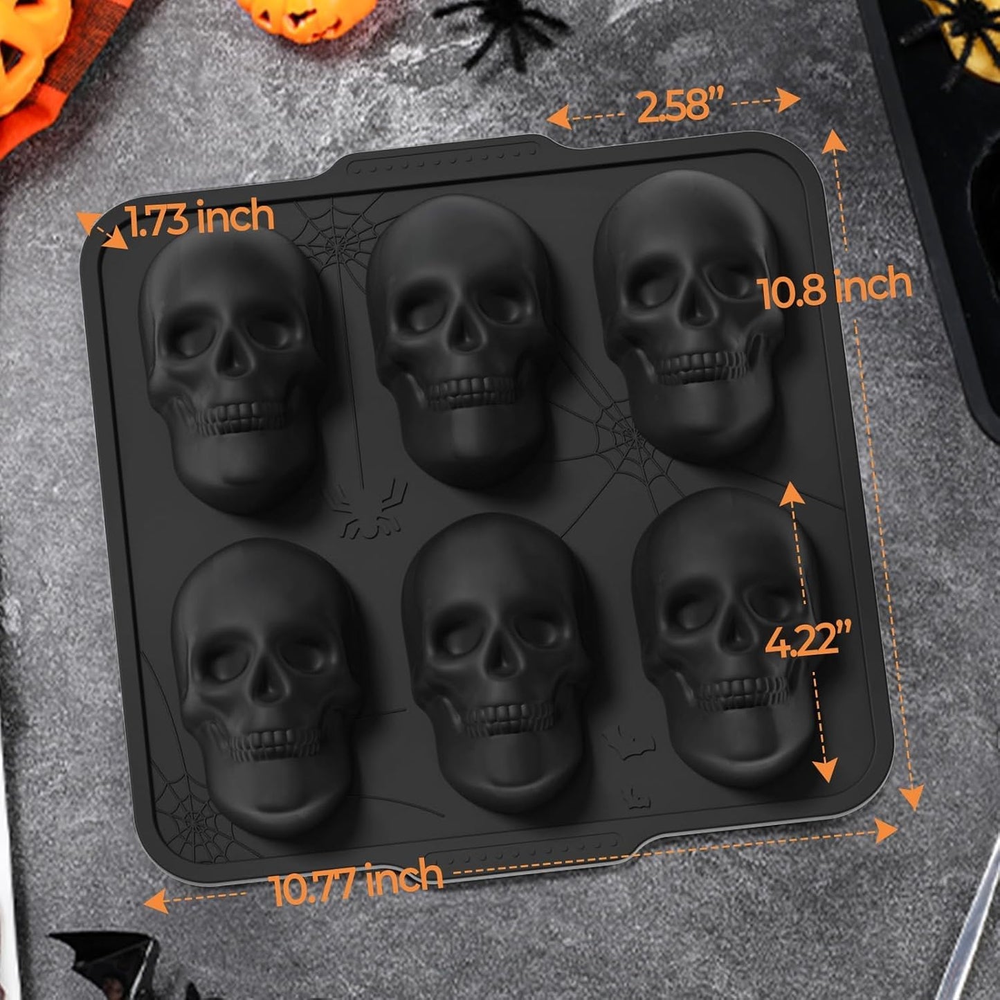 Skull Cake Pan with Metal Reinforced Frame - Spill-Proof & Sturdy 6-Cavity 3D Halloween Silicone Mold, Easy to Handle & Release for Cake, Chocolate, Jello