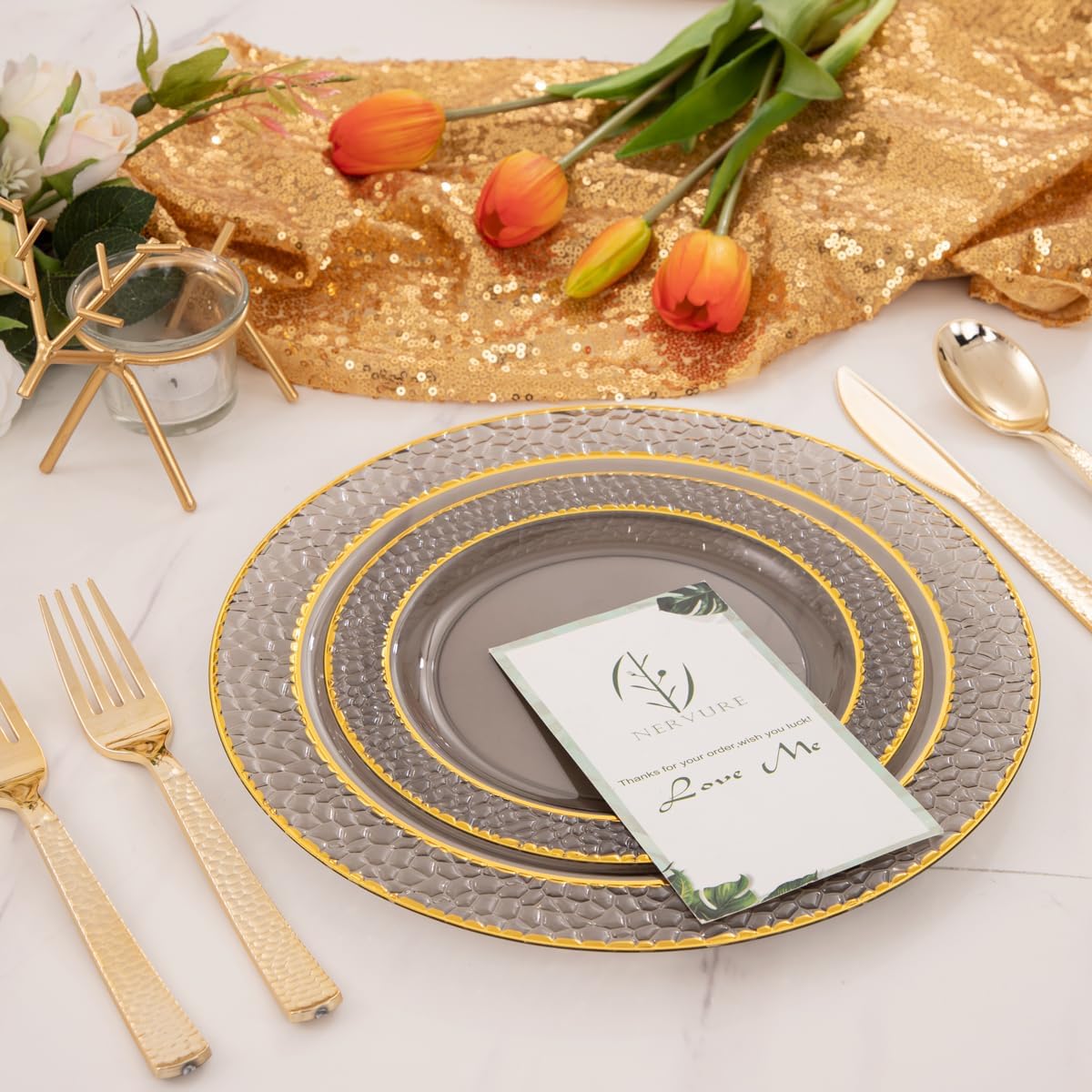 Nervure 150PCS Clear Black Plastic Plates - Gold Party Plates - Black and Gold Dinnerware Set Include: 50 Plate, 25Cups, 25Forks, 25Knives, 25Spoons for New Year & Party & Halloween