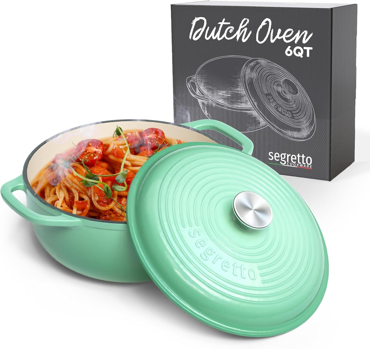 Segretto Cookware Enameled Cast Iron Dutch Oven, 6 Quarts, Light Green