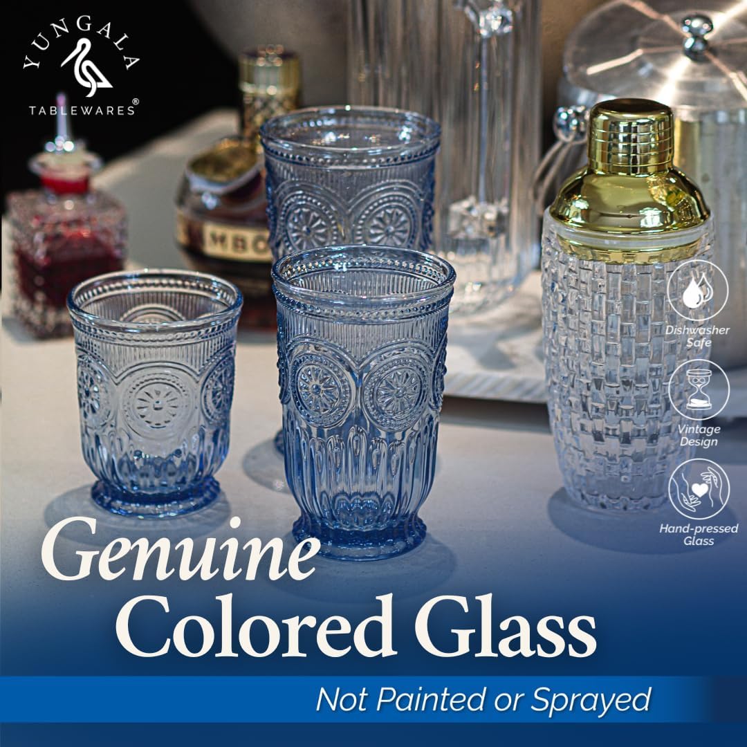 Yungala Blue highball glasses, set of 6, volume - 10oz, dishwasher safe vintage glassware made from blue glass, not coated or sprayed colored drinking glasses