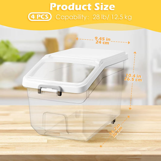 Sunnyray 4 Pcs Rice Storage Container 28 lb Airtight Flour Container with Wheels Measuring Cup Clear Pet Food Cube Dog Birds Cat Food Bin Grain Cereal Organizer Box for Dry Baking Supplies(White Lid)