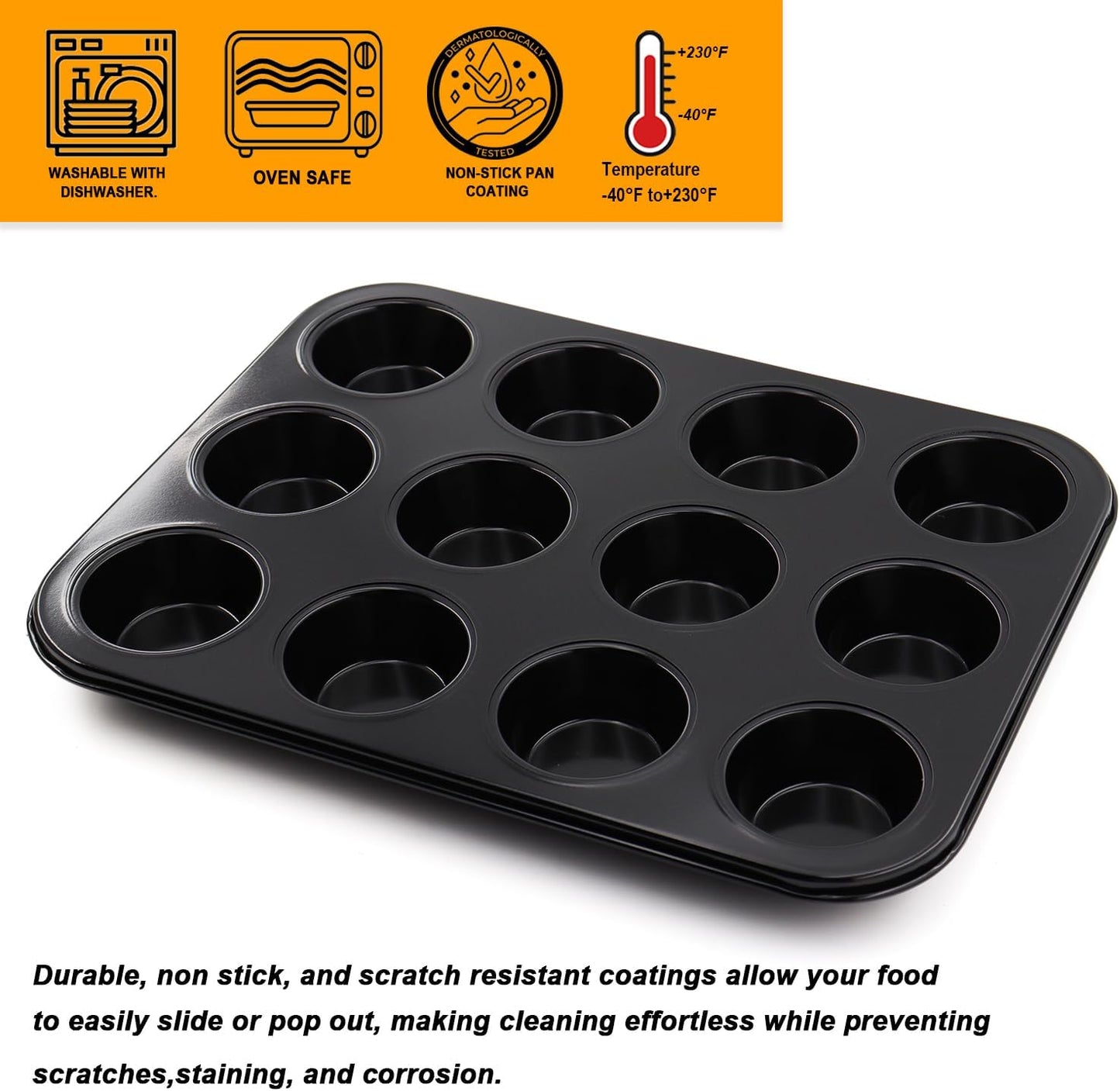 2 Packs Nonstick Round Muffin Baking Pan, Premium Steel Muffin Pan for Baking, Nonstick Cupcake Tin Cheesecake Pans, Bakeware Muffin Top Pan (12 Cups, Black)