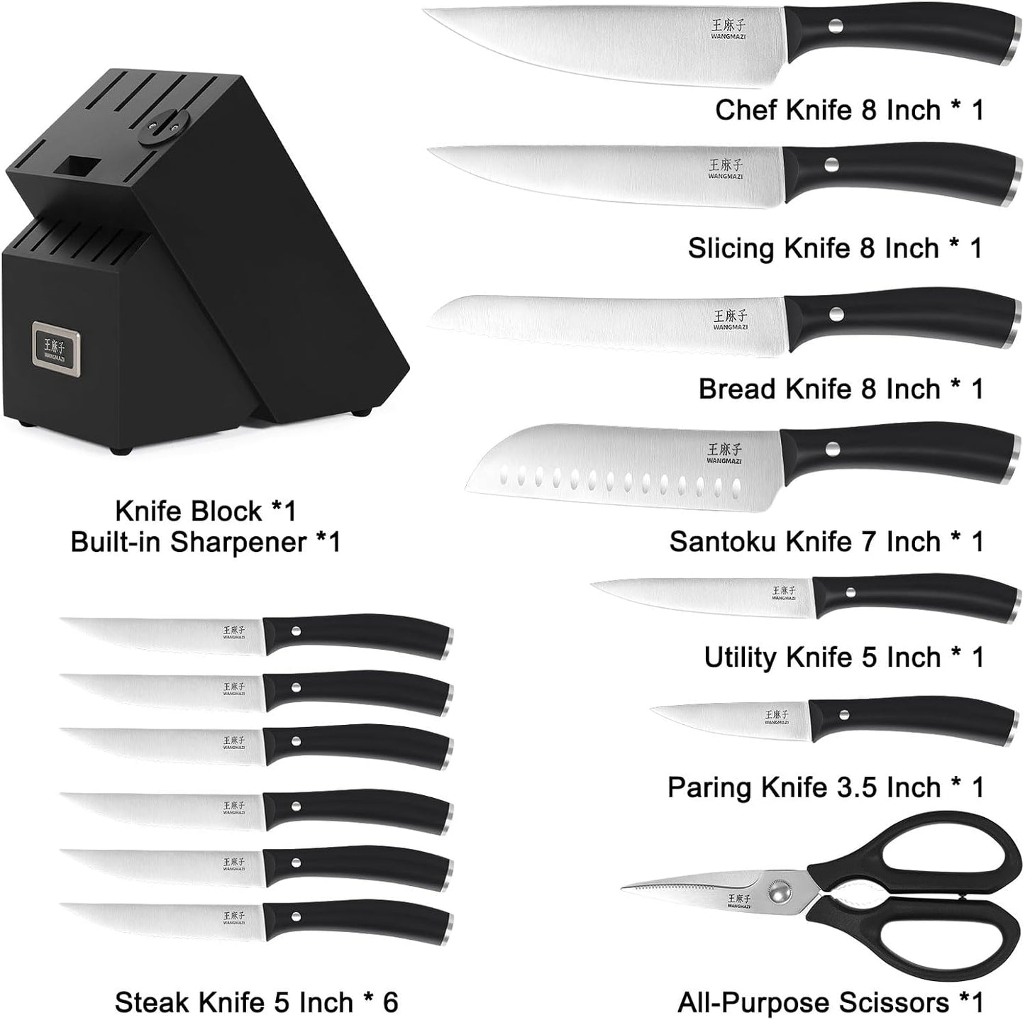 Premium Chef Knife Set,High Carbon Stainless Steel Ergonomic Rivet Handle,Sharp Knife Set for Kitchen,Hundreds of Years of Masterful Craftsmanship(Black,15PCS)