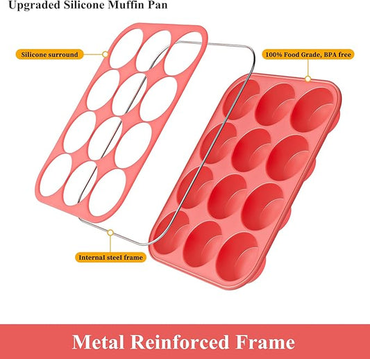 Bangp 12-Cup Silicone Muffin Pan with Metal Reinforced Frame,2 Pack Regular Size Cupcake Pan,Premium Non-Stick Bend Resistance Silicone Molds for Making Muffin,Cakes,Tart,Egg Bites (Red)