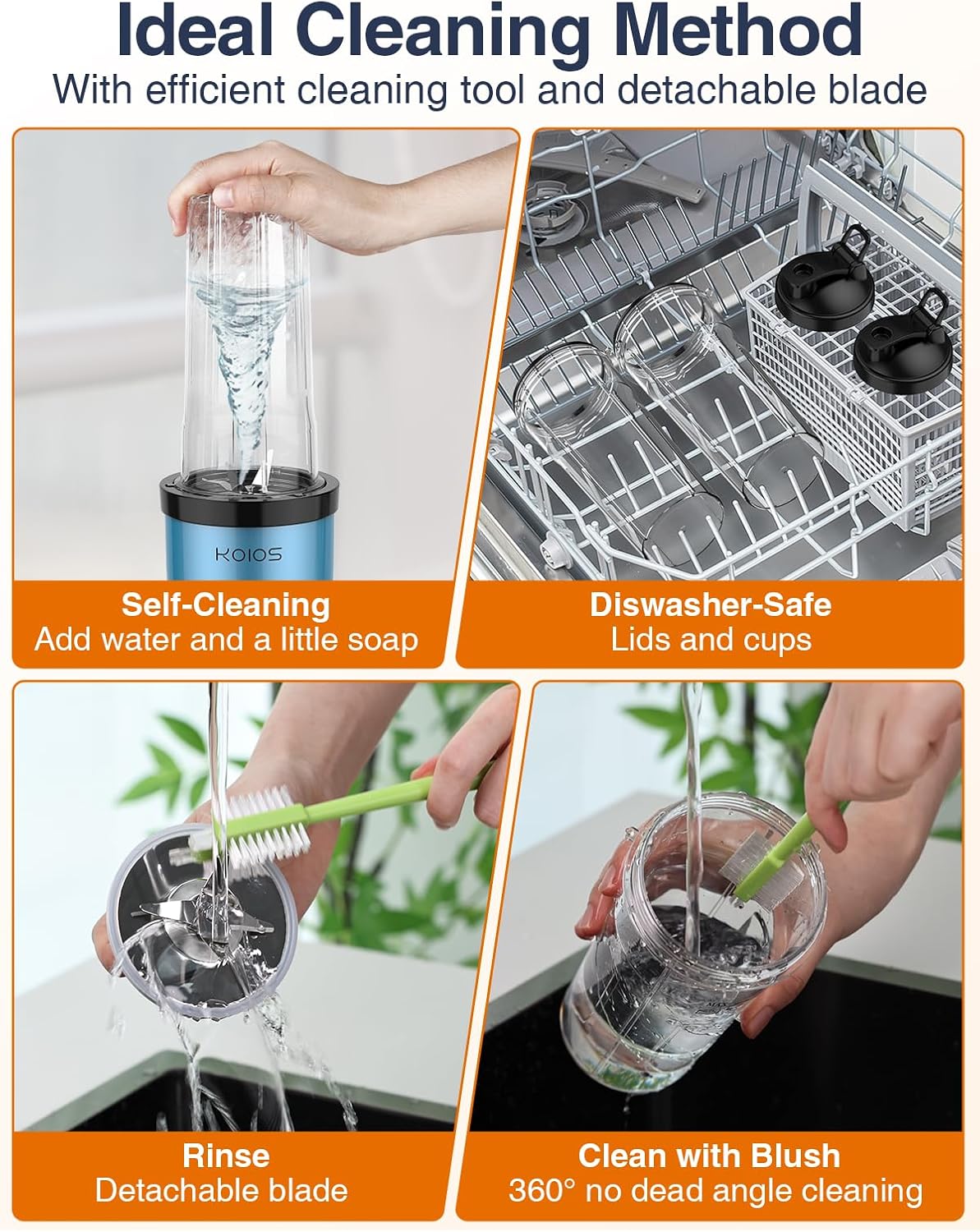 KOIOS Blender for Smoothies, Peak 900W Personal Blender for Kitchen Shakes and Smoothies, with 2×22oz Portable Cups and To-Go Lids, Detachable 4-Leaf Stainless Steel Blade, Nutrition Recipe, Blue