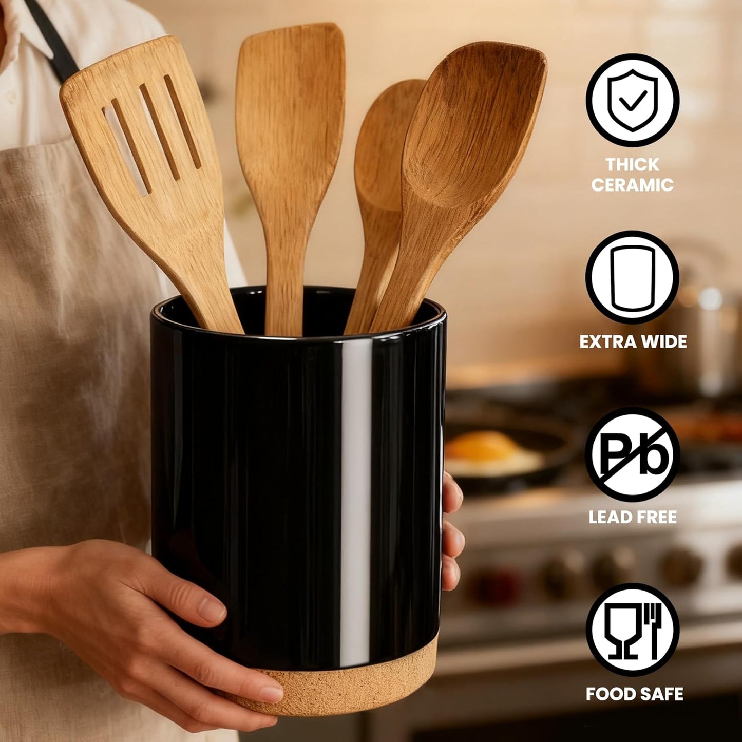 Ceramic Kitchen Utensil Holder for Countertop, Modern Crock with Non-Slip Cork Base, Counter Organizer for Cooking Tools 、Black
