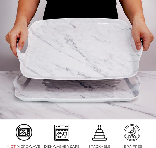 TP Serving Trays with Handles, 17 Inch Large Rectangular Melamine Serving Platter Set of 2, White Marble