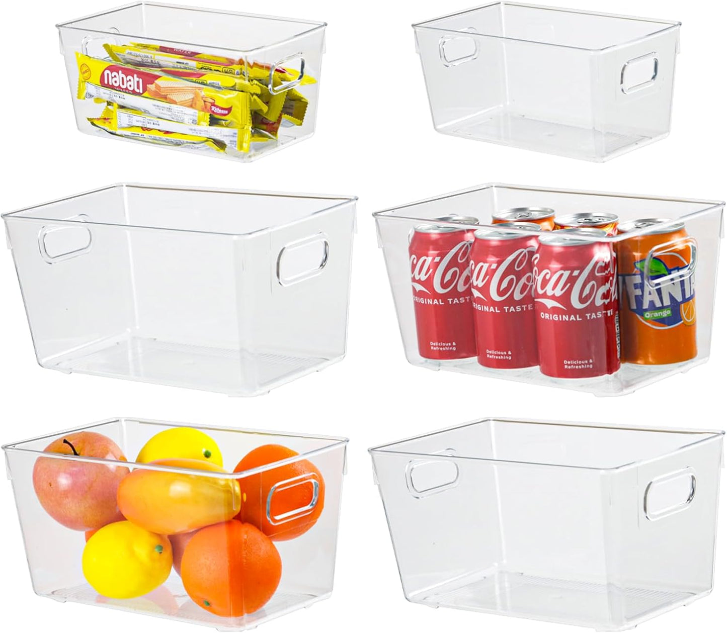 6pcs Plastic Storage Bin 2-Size Clear Storage Containers for Kitchen Pantry Organization and Storage Bins, Organizing Bins with Built in Handles, Cabinet Organizers, Clear
