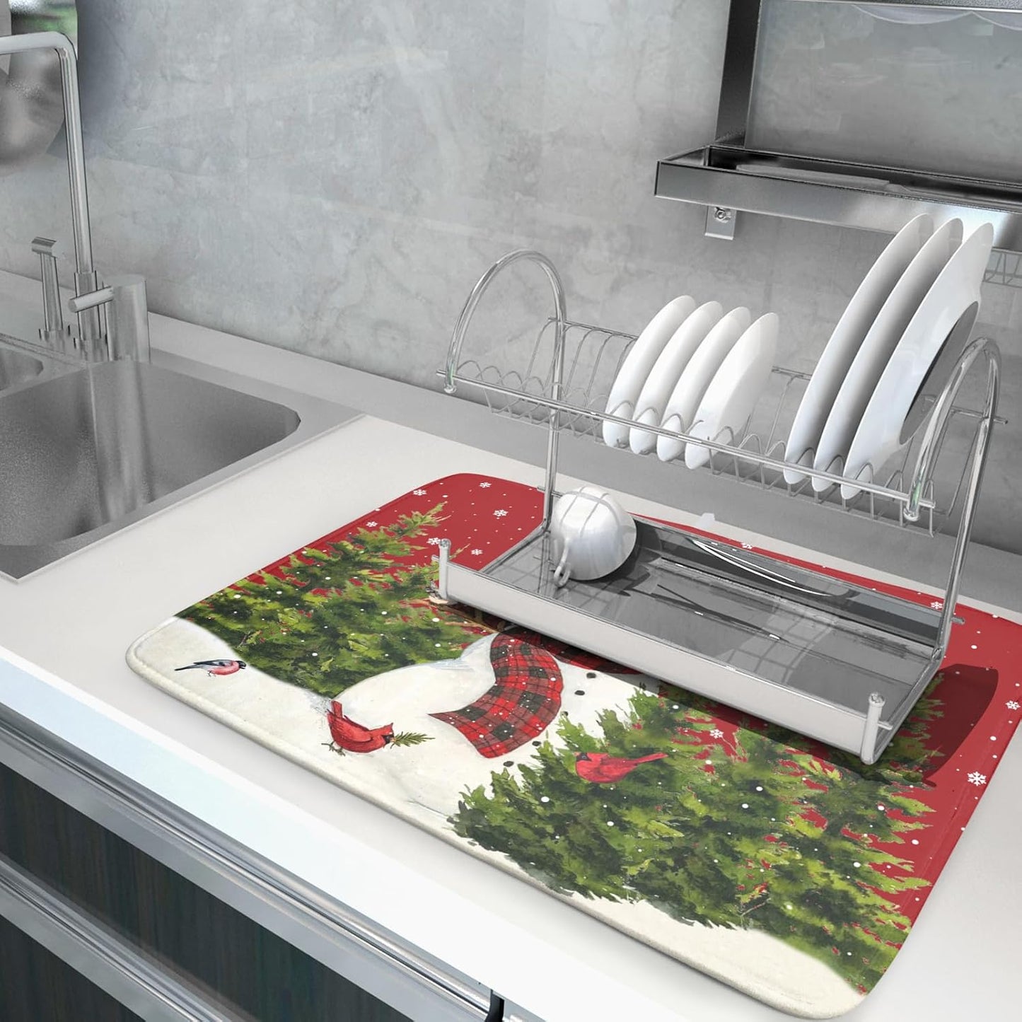 Christmas Tree Snowman Dish Drying Mats for Kitchen Counter 18×24 Inch Bird Snowflake Large Microfiber Drying Mat Kitchen Accessories Dish Rack Mat Drainer Pad Washable Absorbent