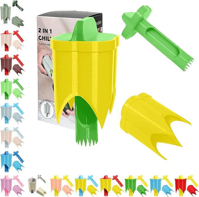 Pepper Corer, 2 in 1 Red Bell Pepper Seed Corer Remover Tool, Fruit & Vegetable Corers Quick Cave Tools for Jalapeno Cutter Deseeder, Green Yellow