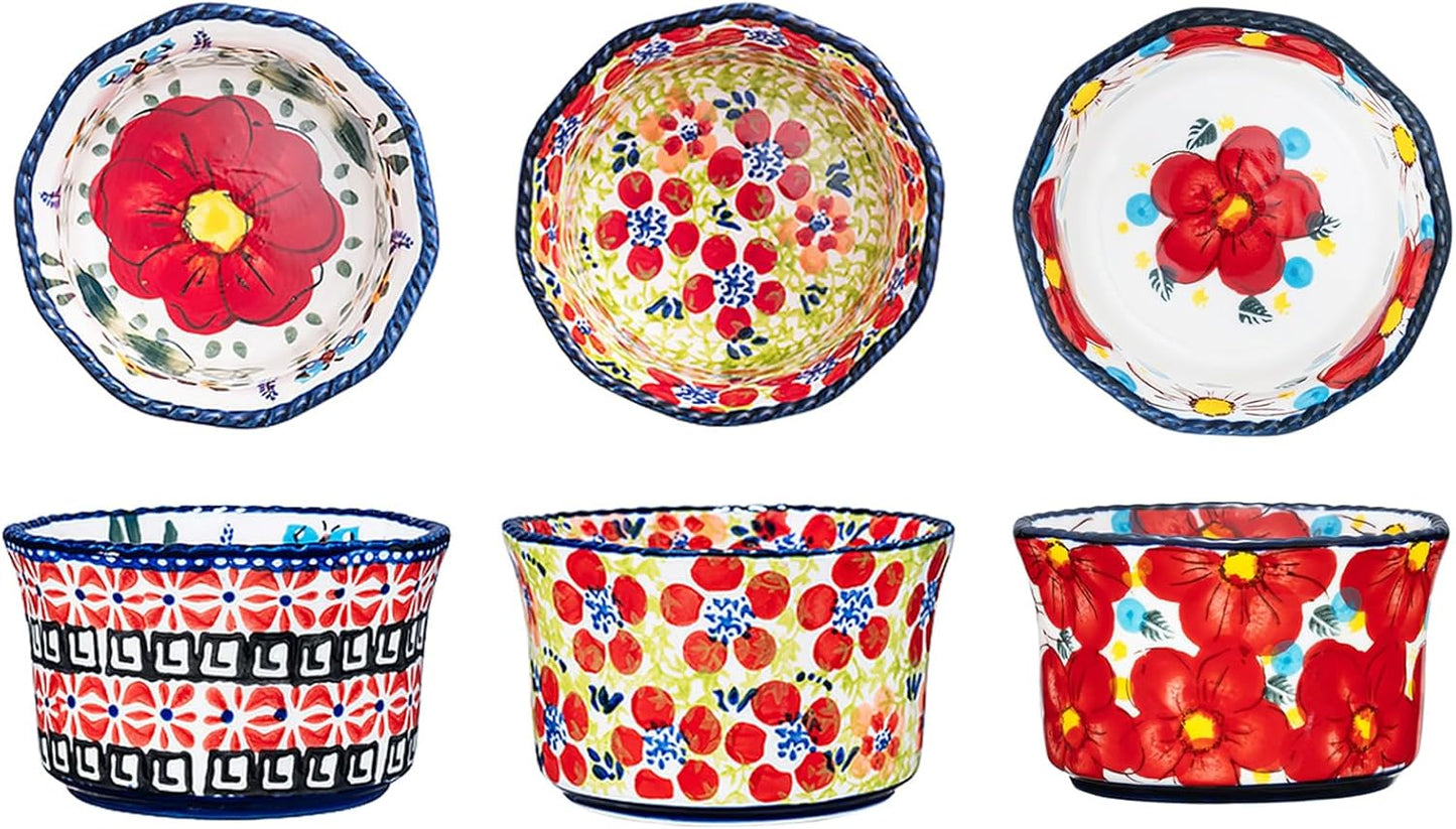 Handmade 7 oz Small Bowls - Ceramic Hand Painted Bowl Great for Ramekins, Dipping, Side Dish, Dessert, Sauce, Ice cream, Appetizer, Sushi in Gift Box, 3.5 inch, Set of 3, Jungle Floral