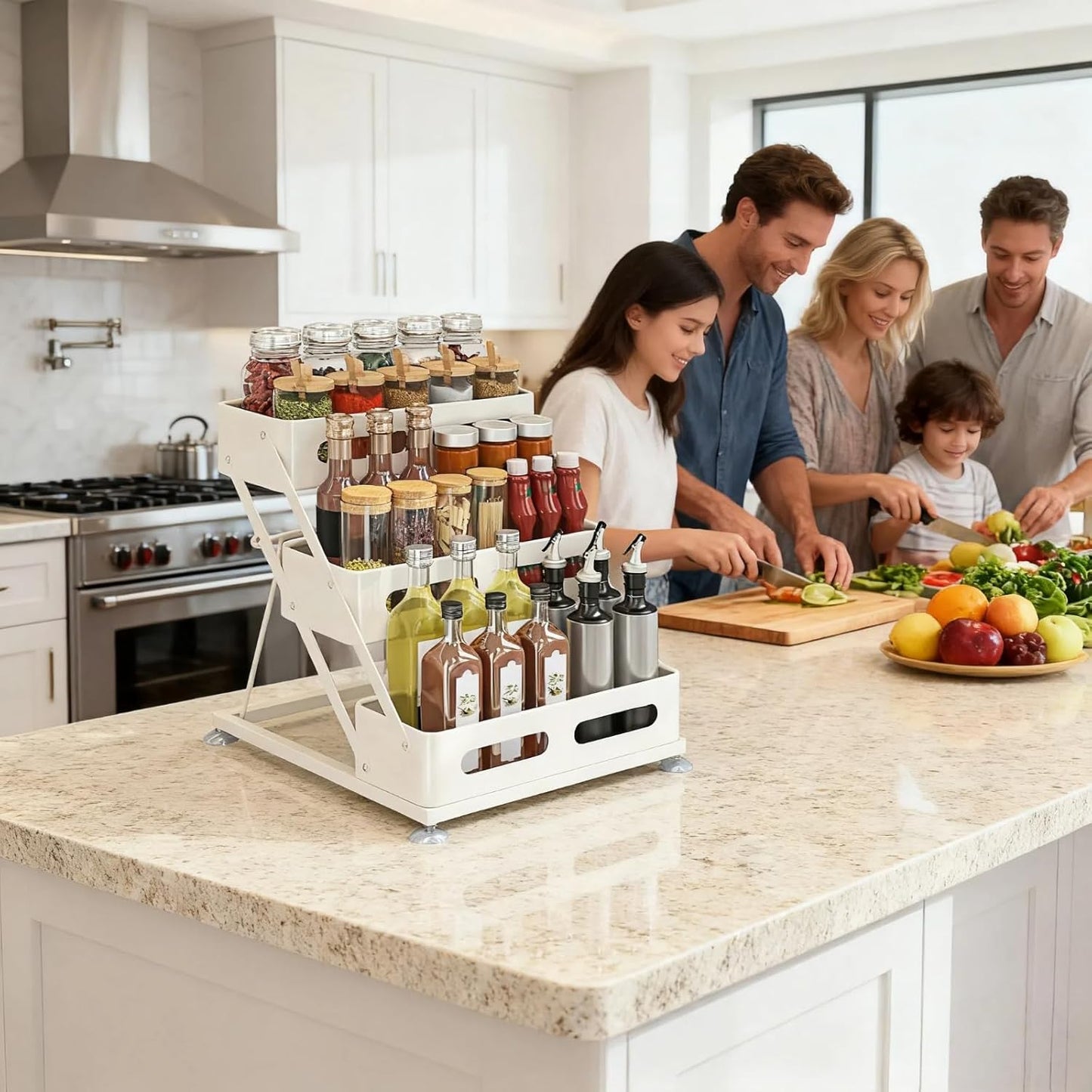 Bokelai Spice Rack 3 Tier Foldable Seasoning Organizer Jars Storage Holder Step Shelf for Cabinet Kitchen Countertop Pantry Coffee Bar White