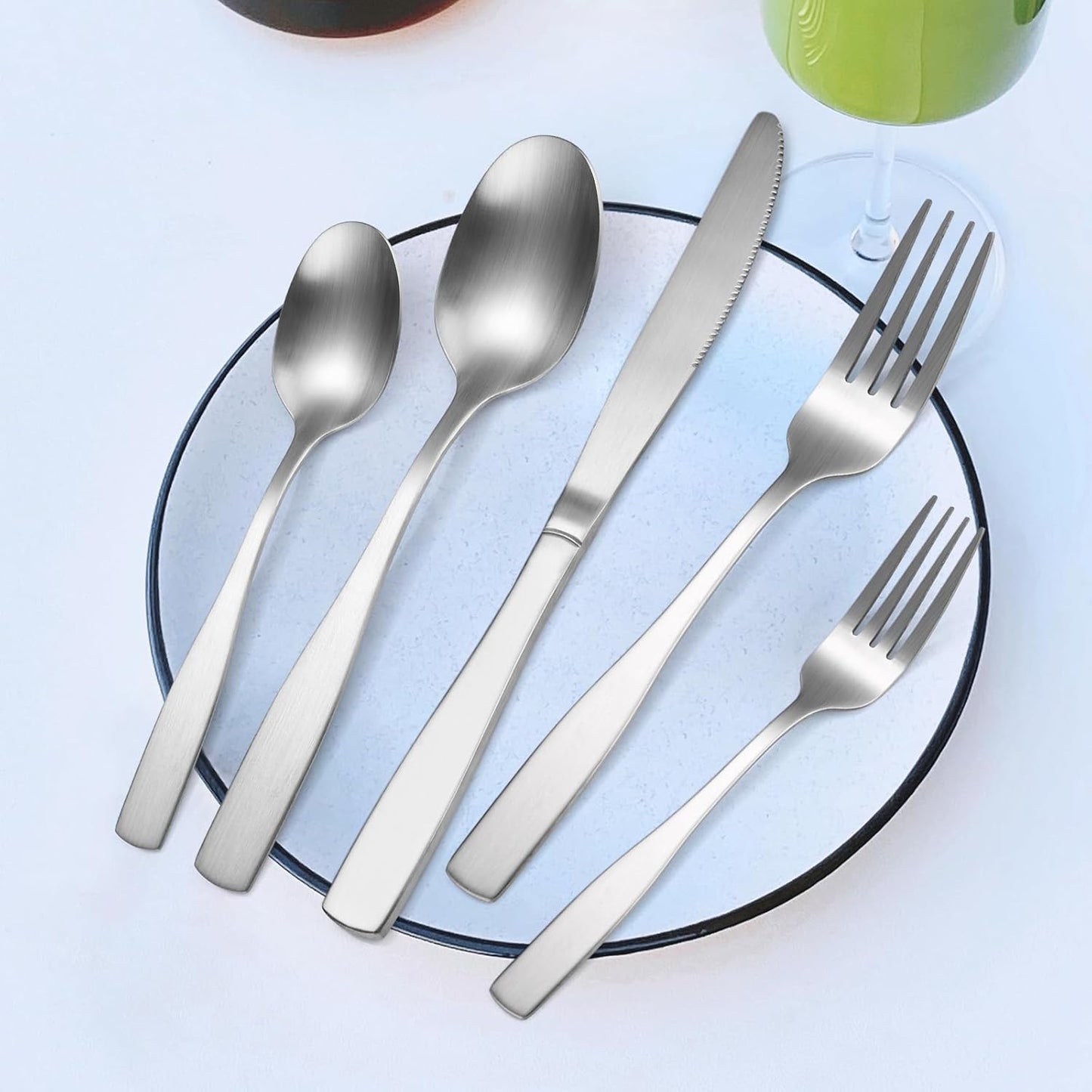 Silver Matte Silverware Square Handle 30 pieces Stainless Steel Cutlery Set for 6 Tableware Modern Eating Utensils for Home Kitchen Bar Restaurant