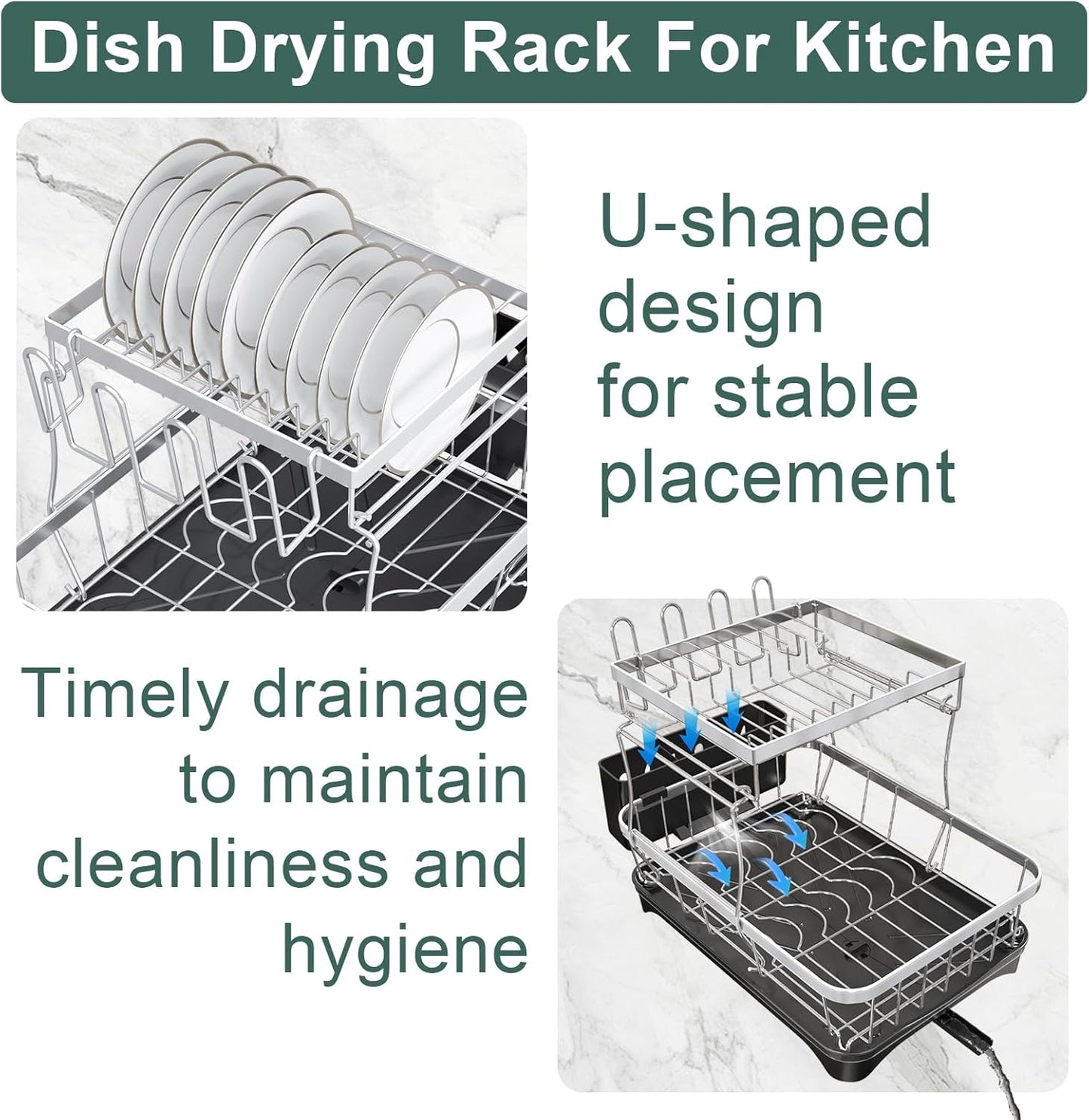 LIYI Dish Drying Rack,Large Dish Rack for Kitchen Counter,2-Tier Dish Racks with draining Tray,Detachable Capacity Dish Drainer Organizer,Black