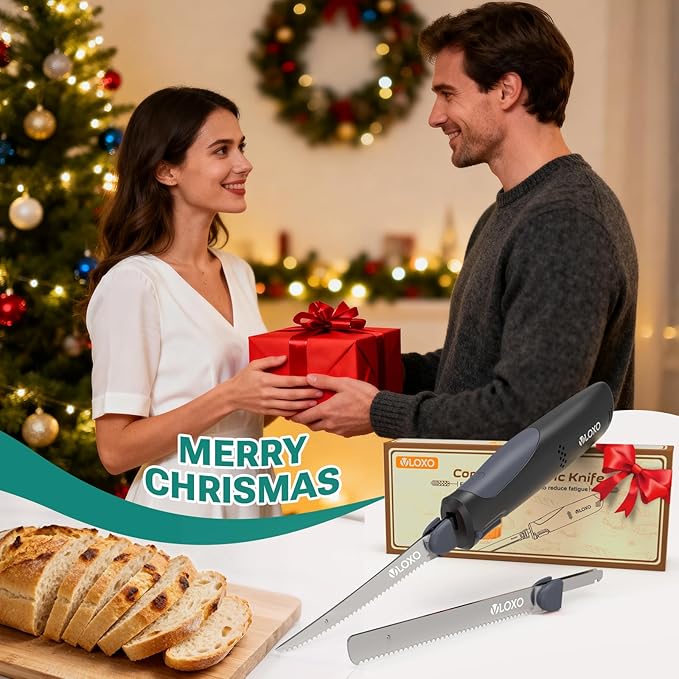 VLOXO Cordless Electric Knife, Rechargeable Electric Carving Knife with 2 Ti-Nitride S.S. Coated Non-Stick Blades Non-Slip Handle Safety Lock Electric Knives for Meat Slicing Fish Fillet Bread Turkey
