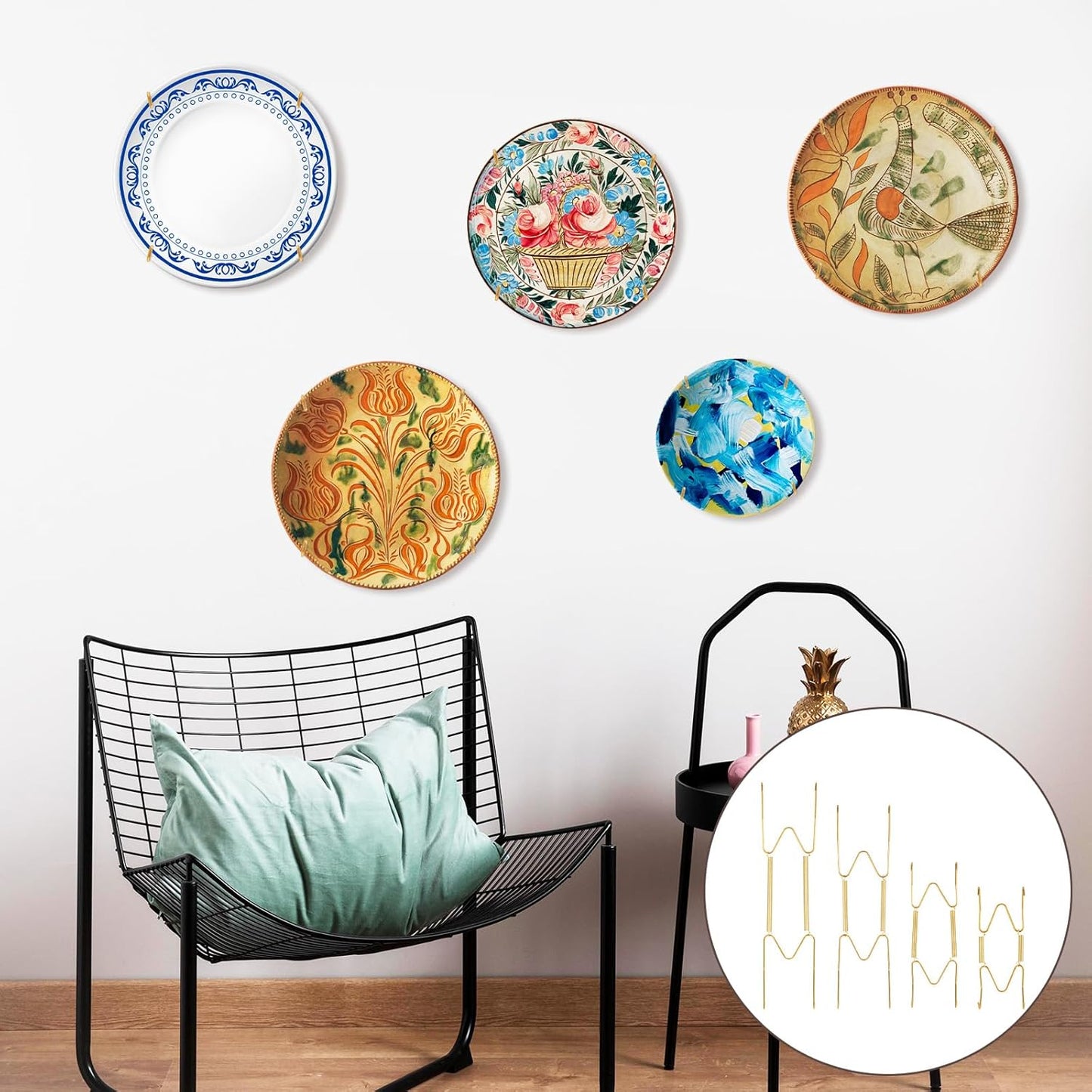 24 Pieces Invisible Wall Plate Hangers 4/6/8/10 Inches Invisible Decorative Wire Plate Holders, Stainless Steel Plates Wall Hanger, Dish Display Holder, with 24 Pieces Hangers Hook and Nails, Gold